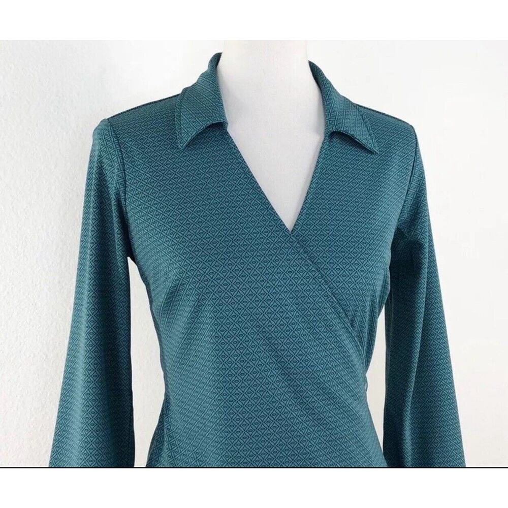 LOFT Size 2 Teal Green Black Printed Wrap Dress Long Sleeve - Picture 2 of 8